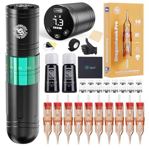 Dragonhawk A2 Wireless Tattoo Pen Kit with 2 Batteries ? Adjustable Stroke 2.4-4.2mm, Powerful Mcore-A Motor, Quiet Rotary Tattoo Gun for Lining & Shading