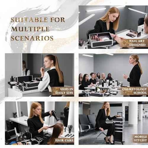 Stagiant Rolling Makeup Case Cosmetology Case on Wheels 4 in 1 Large Cosmetic Organizer Train Case Makeup Travel Case with Key Swivel Wheels Nail Artist Salon Storage Traveling Cart Trunk Black