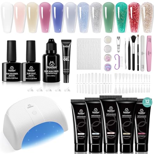Beetles Poly Nail Gel 12 Colors Starry Party Poly Extension Set With U V Lamp Pink Glitter Builder Nail Extension Enhancement Gel Christmas Manicure DIY Home Salon Gift for Women Girls