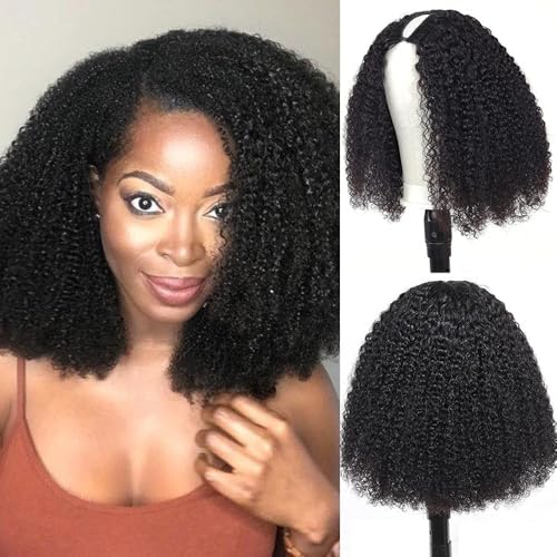 Afro Kinky Curly V Part Human Hair Wigs Human Hair 200% Density Upgrade Afro Curly V Part Wigs With Drawstring Clip In Half V Shape Wigs For Women, Beginner Friendly,Natural Color(16 Inch)