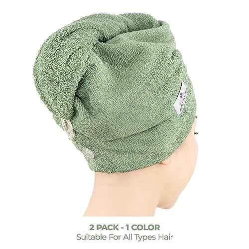 American Soft Linen 100% Cotton Hair Towels for Women, Head Towel Cap, Cotton Hair Turban Towel Wrap for Long Curly Anti Frizz Hair, Soft and Absorbent Cotton Hair Towels 2 Pack, Sage Green