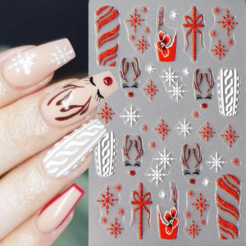 4 Sheets Embossed Elk Nail Stickers 5D Self-Adhesive Bow Gift Cookie Man Snowflake Nail Art Stickers Red Christmas Nail Decals New Year Nail Art Supplies for Women Girls DIY Manicure Nail Decoration