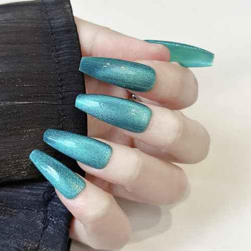Magnetic Glue On Nails,Long,Christmas,Coffin Agate Green Cat Eye Impress,Salon Quality,Lasting,Reusable, Glossy Fall Nails Kit Acrylic Set for Women