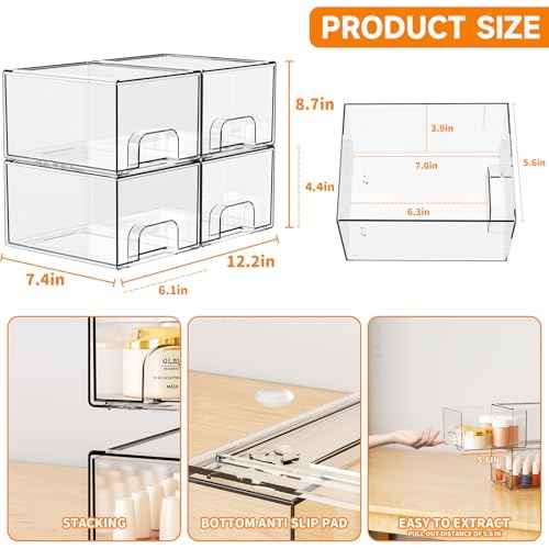 Yieach 4 Pack Clear Stackable Storage Drawers,4.4'' Tall Acrylic Drawer Containers for Organizing,Bathroom Organizers and Storage Bin Box,Plastic Makeup,Medicine Organizer Bins for Cabinet,Undersink