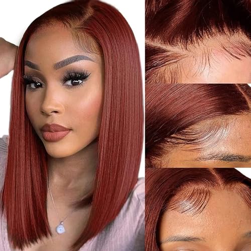 16 Inch Reddish Brown Bob Wigs Human Hair 13X4 Straight HD Transparent #33 Reddish Brown Bob Lace Front Wigs Human Hair Wear and Go Glueless Wig Pre Plucked Colored Hd Lace Frontal Wig for Black Women