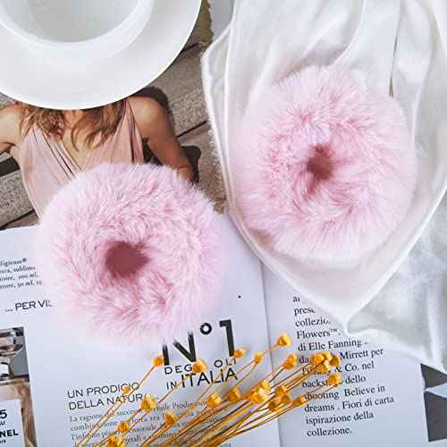 2 PCS Pink Pom Pom Hair Tie Fuzzy Furry Faux Rabbit Fur Scrunchies for Girls Women Hair Accessories
