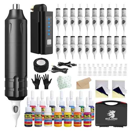 Solong Tattoo Kit-Tattoo Pen Kit Rotary Gun Machine Pen RCA with Wireless Battery 20Pcs Cartridge Mixed Needles Power Supply SLP1KIT02D-1-US