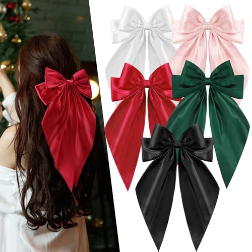5 Pcs Satin Hair Bows - Big, Long Tail Ribbon Hair Bows in Red and Green for Christmas