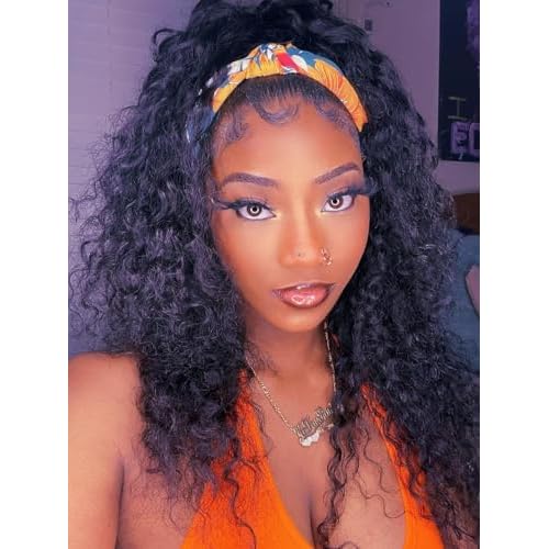 Water Wave Headband Wig Human Hair 220 Density Upgrade Curly Drawstring Headband Wigs Human Hair Wear and Go Glueless Wigs for Black Women 22inch None Lace Front Wigs Natural Color