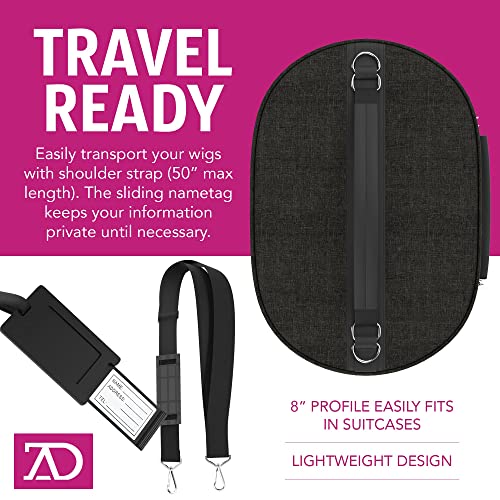 Wig Travel Case - 8"-12" High Wig Box with Collapsible Wig Stand - Dome Foam Wig Head Stand in Zipper Carrying Case w/Handle for Safe Traveling Storage of Wigs, Lace Front Cap, Toupee (Denim Black)