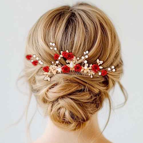 Foyte Crystal Flower Wedding Hair Comb Red Rose Headpiece Gold Hair Piece Bride Pearl Hair Accessories for Women