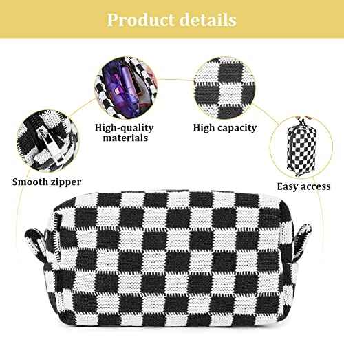 2 Pcs Checkered Makeup Bags, Portable Travel Toiletry Bag with Zipper, Makeup Bag Storage Cosmetic Bag for Women (Black&Light Brown)