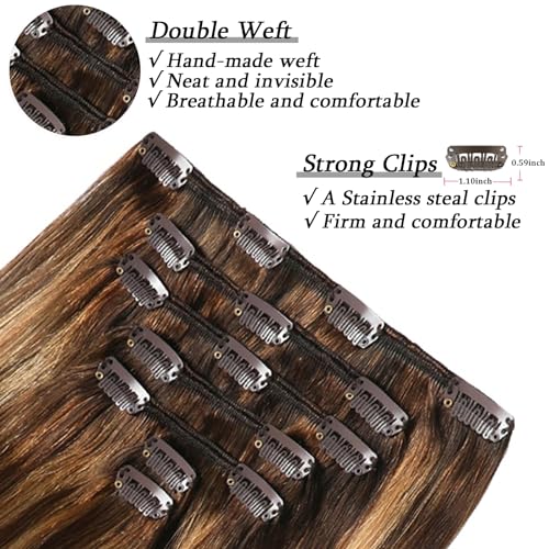 Savasana Clip in Hair Extensions Real Human Hair Straight 7 Pcs Balayage Clip in Hair Extensions Double Weft Thick Chocolate Brown to Caramel Blonde 18 Inch 120g