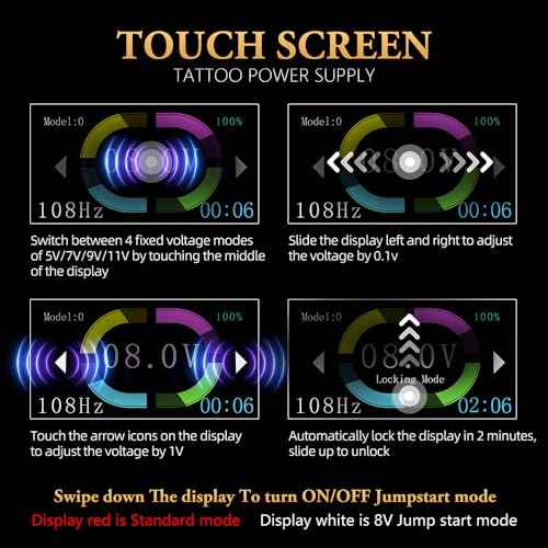 Ambition Tattoo Power Supply S1 Touch Screen Tattoo Battery Silicone Wristband Supply Portable RCA Tattoo 1600mAh Lithium Battery Pack with LCD Touch Display for Rotary Tattoo Machine