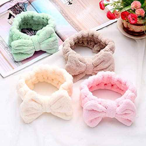 4 Pack Makeup Spa Headband Microfiber Bow Towel Soft Fluffy Washing Face Headband for Women Girls Shower Bath Skincare (Light Pink, White, Green, Brown)
