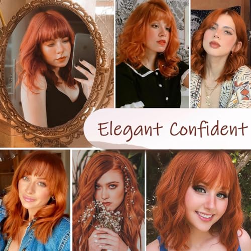 Auburn Bob Wig with Bangs Short Wavy Copper Red Wigs for Women Shoulder Length Burnt Orange Curly Bob Wigs Heat Resistant Synthetic Wigs for Halloween Cosplay Daily Party Use 14 Inch