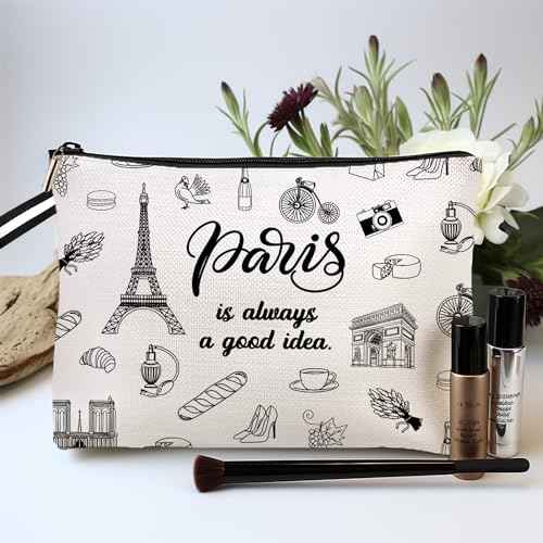 Paris Travel Gift Cosmetic Bag, Paris Lover Gifts Makeup Bag, Paris City Skyline Paris Is Always A Good Idea Zipper Pouch, Gifts for Women Birthday Christmas