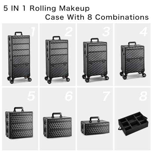 5 in 1 Makeup Train Case, Cosmetology Case on Wheels Travel Make up Case Rolling Nail Cart Makeup Organizer Cosmetic Storage Box Cases Extra Large Trolley Truck with 360¡Æ Swivel Wheels, Black