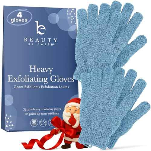Exfoliating Glove (4 pcs, 2 Pairs) - Heavy Shower Gloves for Body Scrub, Exfoliates & Removes Dead Skin, Stocking Stuffers for Women and Men