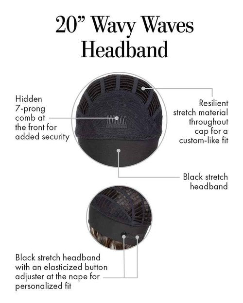 Kim Kimble 20" Wavy Waves Headband Wig, Long Layered Hair With Black Headband and Comb Clip, 3/4 Cap - Average Cap Size, MC511SS Powered Licorice