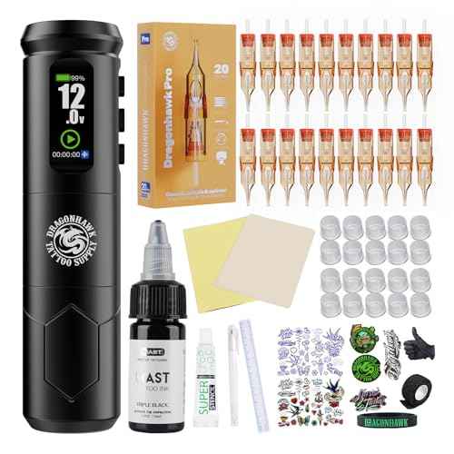 Dragonhawk A1 Pro Tattoo Kit Cordless Complete Pro Tattoo Gun Pen Machine Kit Cartridge Tattoo Machine Needles for Beginners