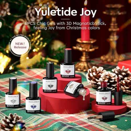 modelones Christmas Gel Nail Polish Set, 6 Colors Winter Cat Eye Red Dark Green Blue Glitter Gold Silver Gel Polish Kit Soak Off Nail Art Manicure Home Gift for Women Girls