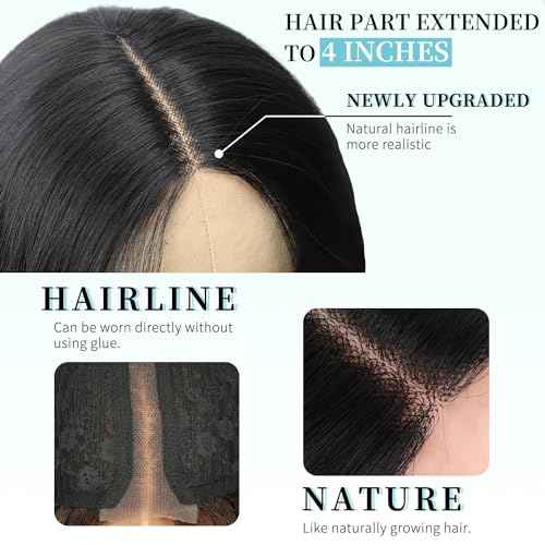 AISI HAIR Black Wig for Women, Long Wavy Lace Hairline Middle Part Synthetic Heat Resistant Wig for Daily Party-26 Inch