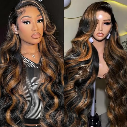 Highlight Ombre Lace Front Wig Human Hair Body Wave Lace Front Wigs Human Hair Pre Plucked 13x4 1B/30 Brown Highlight Wig 200 Density Colored 26 Inch Balayage Wigs for Women