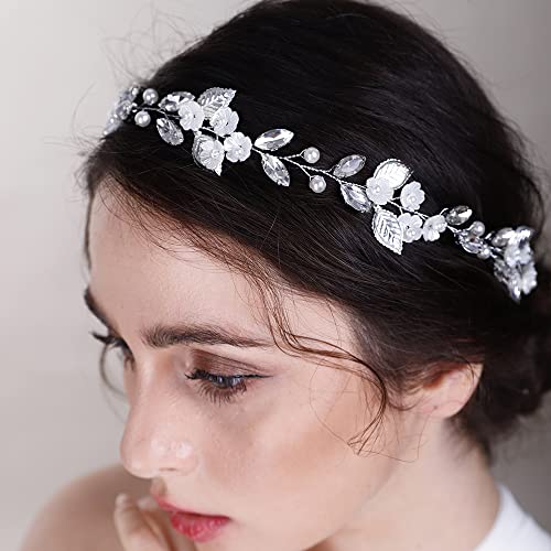 Flower Leaf Crystal Wedding Hair Vine for Bride Bridesmaid Pearls Crystal Hair Accessories for Women and Girls Blue