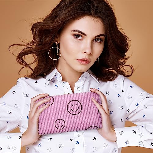 Photect 3 Pcs Corduroy Cosmetic Bag Smile Face Aesthetic Preppy Pencil Pouch Purse Travel Beauty Makeup Bags for School Christmas Women Holiday Organizer Gifts(Classic,Pink, Yellow, Green)