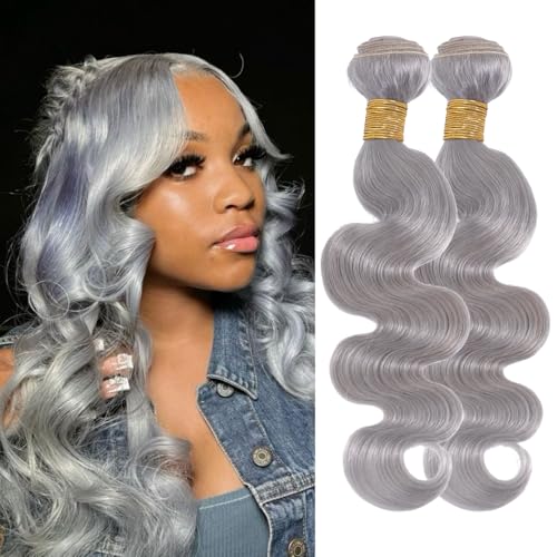 Grey 2 Bundles Human Hair Body Wave, 12A Soft and Thick 100% Unprocessed Remy Hair Lavender Silver Gray Human Hair Sew In Quick Weave Bundles Short Wavy Sew In Extension (14/14 Inch, 2PC)