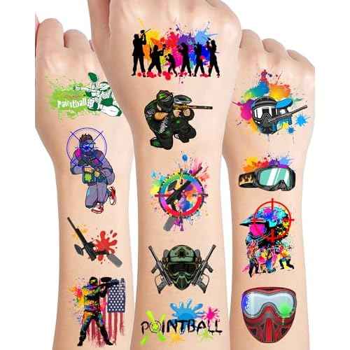 204Pcs Paintball Temporary Tattoos - Fun Kids Paintballs Tattoos Temporary Stickers Favors for Paintball Birthday Decorations, Paintball Party Supplies Class School Carnival