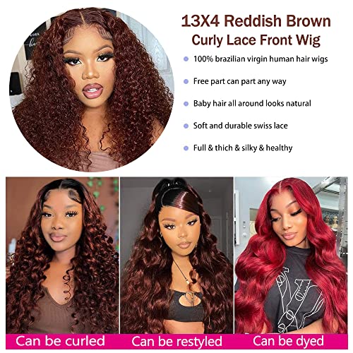Siyun Show 13x4 Reddish Brown Deep Wave Lace Front Wigs Human Hair Wigs for Black Women 26 Inch Copper Red Deep Wave Lace Frontal Wig Pre Plucked 180% Density Auburn Wig With Baby Hair