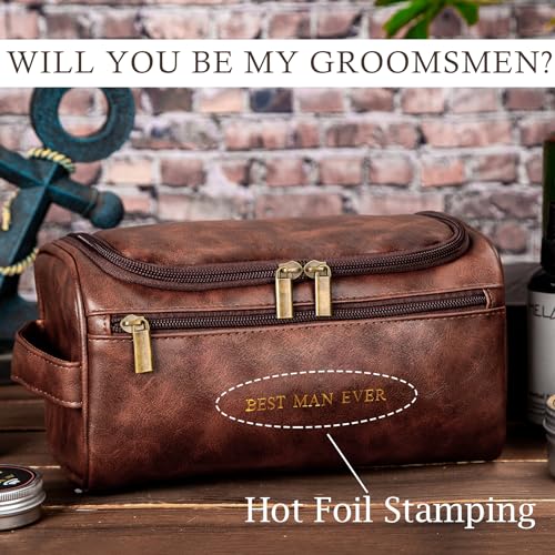 Flycalf Mens Toiletry Travel Bag Customized Mens Leather Toiletries Grooming Bag for Men Shaving Bag Hanging Water Resistant Organizer (Brown)