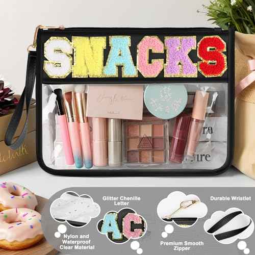 Snack Bag for Travel - Clear Chenille Varsity Letter Flat Pouch with Zipper, 12.2¡¿8.46 inch Waterproof Clear Nylon Preppy Patch Makeup Cosmetic tote Bags for Women Girls