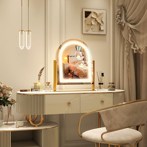 Lighted Makeup Mirror with 3-Color Dimmable Lighting, with Removable 10x Magnifier, Smart Touch Control, 360¡Æ Rotation, 15" x 13" Hollywood Vanity Mirror for Tabletop Desk (Gold)