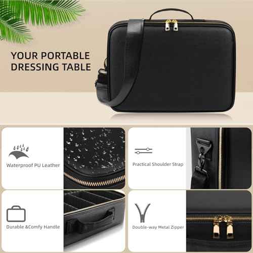 15''X11'' Large Capacity Makeup Bag with LED Mirror, Professional Makeup Case Organizer with 3 Color Light Adjustable Brightness, Travel Make up Cosmetic Case with Detachable Dividers & Shoulder Strap