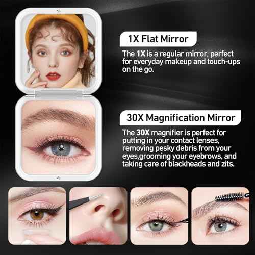 Compact Mirror, 30X Magnifying Mirror, Square Travel Makeup Mirror, 3.3x3.3 inch Small Pocket Mirror, Women's Magnetic Portable Mirrors with Precision Tweezers, Black