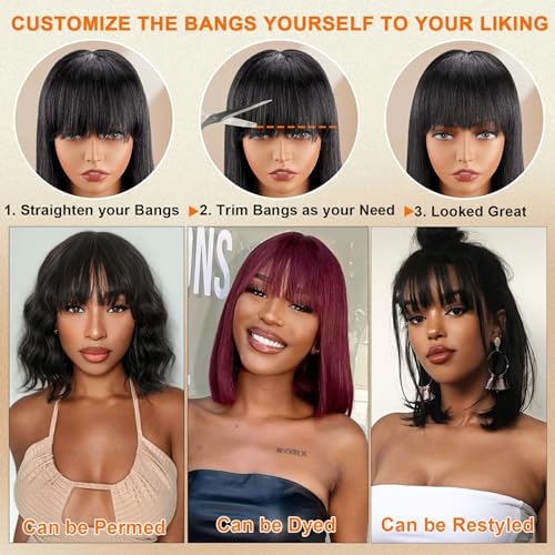 Lativ Bob Wig with Bangs Human Hair 4x2 Lace Bob Wig Human Hair with Bangs 150% Density Middle Part Natural Black(16 Inch,Bob With Bangs)
