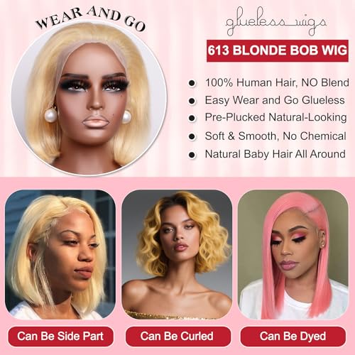 613 Blonde Bob Wigs Human Hair 13x4 HD Lace Front Bob Wig Remy Human Hair Pre Plucked With Baby Hair for Women, 10 Inch Honey Blonde 613 Lace Frontal Wig Glueless Straight Short Bob Wigs 180 Density
