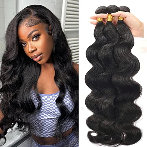 Raw Body Wave Bundles Human Hair(16 18 20 Inch)12A Grade Salon Quality Unprocessed Brazilian Body Wave Human Hair Bundles Quick Weave for Black Women Natural Color