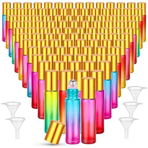 96 Pcs Essential Oil Roller Bottles 10ml Empty Glass Roller Bottles with Stainless Steel Balls Protection Leakproof with 5 Funnel for Travel Perfume Lip Gloss(Gradient Color)