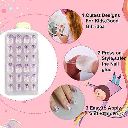 24 Pcs Gradient Purple Kids Press on Nails Pre-glue Children False Nails Short Oval Full Cover Artificial Fake Nails Holo Glitter Acrylic Nail Tips for Little Girls Gift
