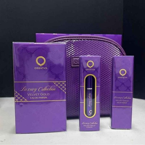 Orientica Al Haramain Velvet Gold 4-Piece Gift Set for Women, (2.7 Oz Eau De Parfum Spray + 0.33 Oz Eau De Parfum Spray + Atomizer + Bag) Luxury Collection