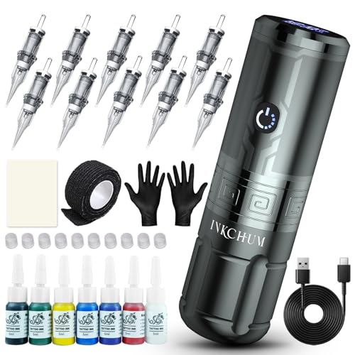 Wireless Tattoo Machine Kit, Rechargeable Rotary Tattoo Pen Kit with OLED Display 2000mah Batteries for Long-Time Tattoo Work, 12W Coreless Motor for Professional and Beginners