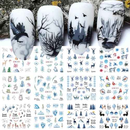 Christmas Water Transfer Nail Stickers - Blue Winter Snowflake Watermark Decals, Xmas Elk Bear Design for Holiday Nail Art Supplies and Accessories