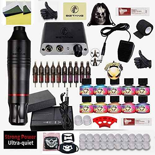 BZTANG Complete Beginner Tattoo Kit Motor Pen Machine USA Color Inks Power Supply Set Needles (black)