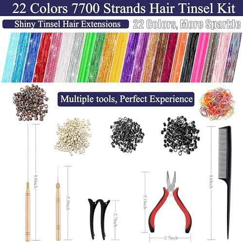 22 Colors 7700 Strands Hair Tinsel Kit, 48 Inch Glitter Tinsel Hair Extensions for July Fourth Christmas New Year Halloween Cosplay, Heat Resistant Fairy Hair Accessories for Girls, Kids, Women