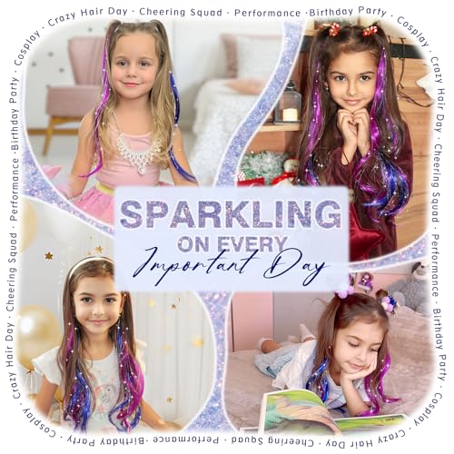 Fairy Hair Tinsel Kit for Girls, Color Tinsel Hair Extensions for kids, Blue and Purple Glitter Hairpiece Clip in, Halloween Hair Accessories, 16 Pieces