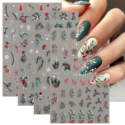 4 Sheets Christmas Nail Art Stickers 5D Embossed Holly Leaf Nail Decals Winter Christmas Tree Elk Snowflake Design Self Adhesive Nail Art Supplies for Women Acrylic DIY Holiday Manicure Decoration